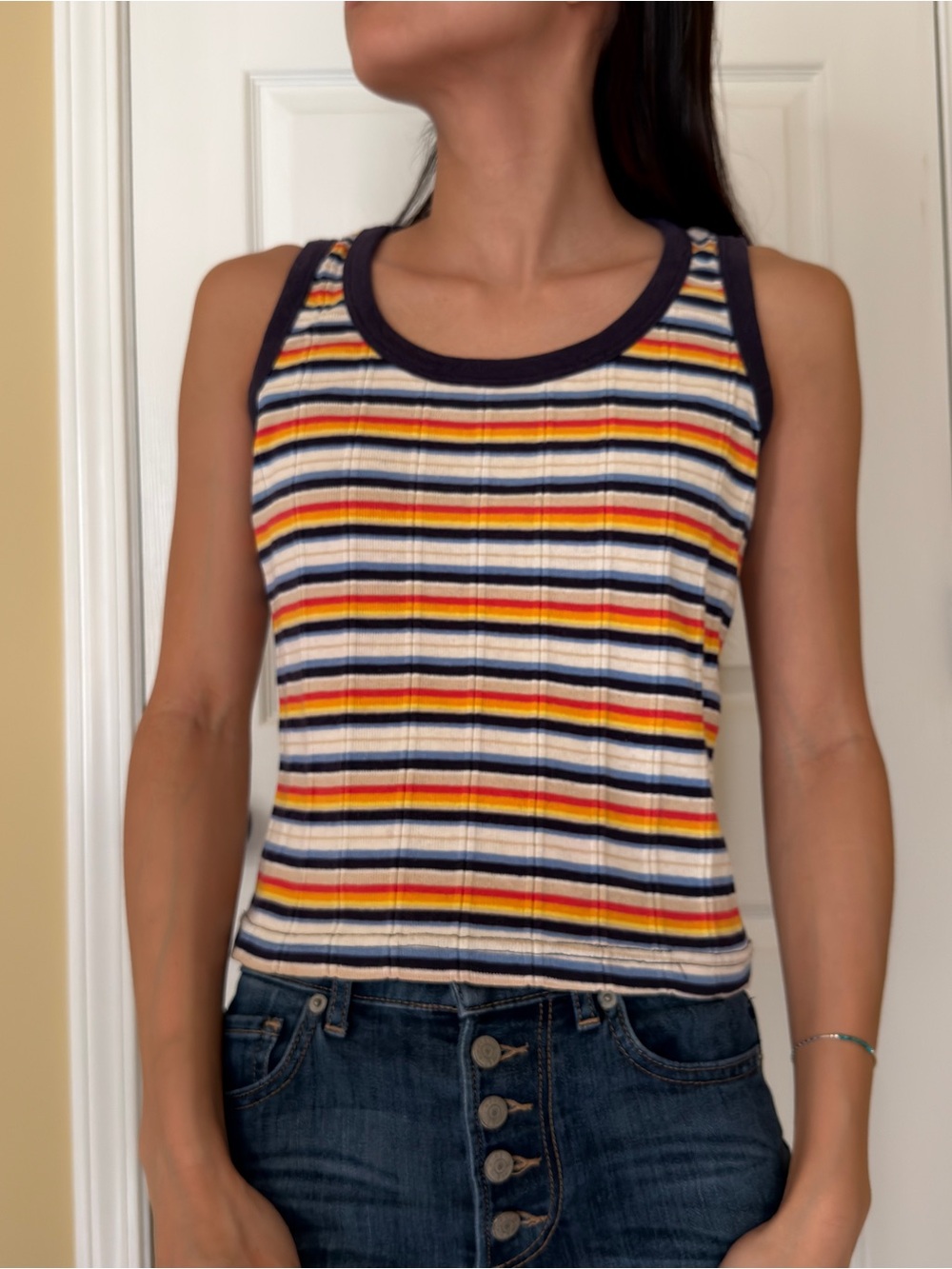 One Step Ahead Navy Trim Striped Tank with Yellow & Red Accents